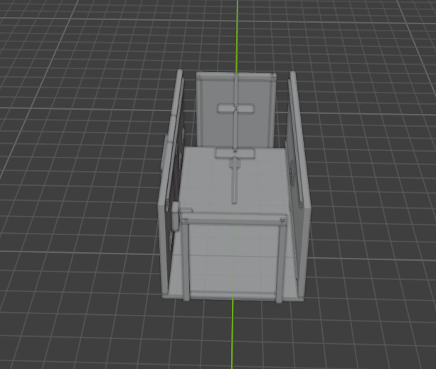 Early 3D blockout of the Moonwood Station Airlock Hall, showing a compact sci-fi corridor with wall framing and a straight central walkway.