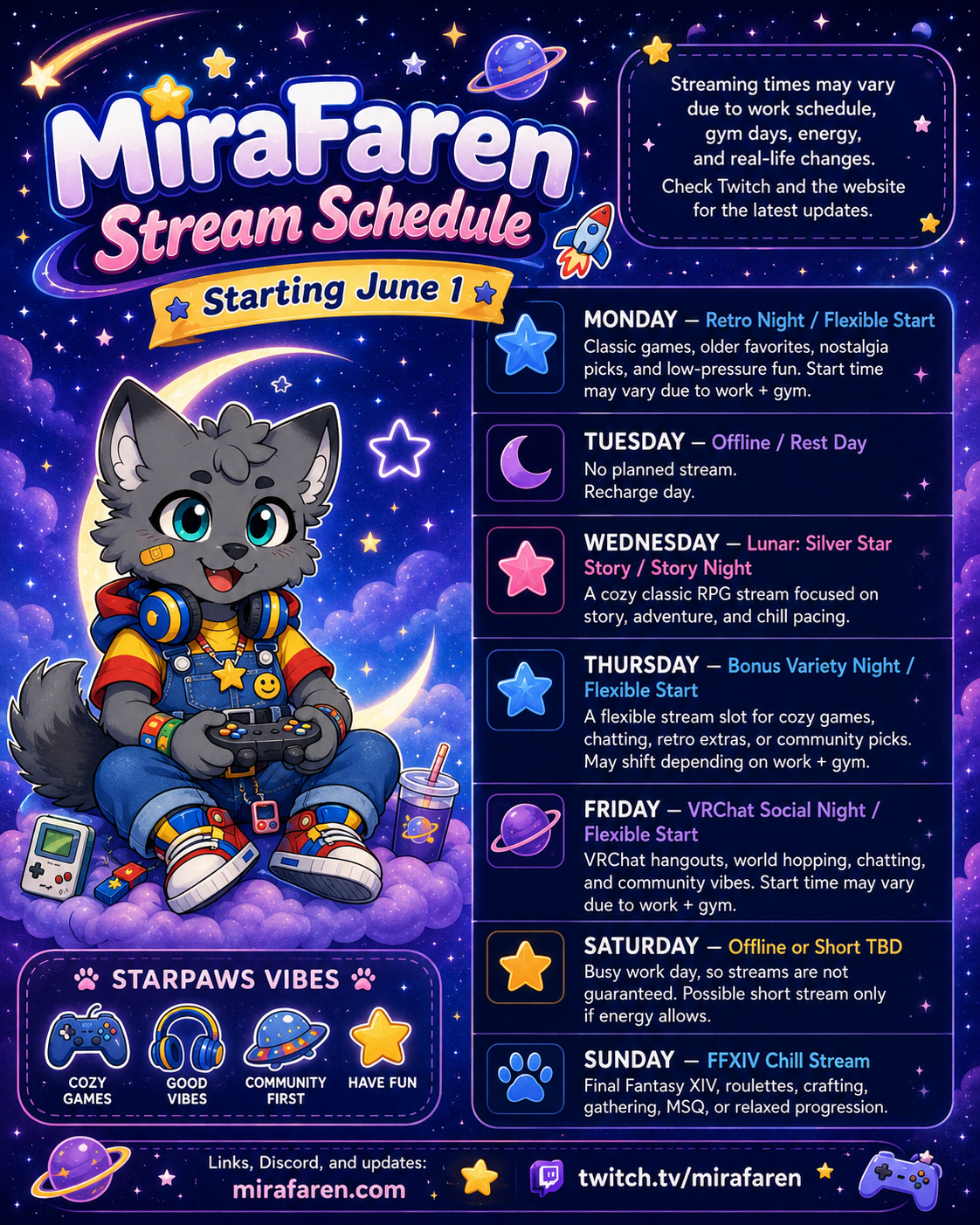 MiraFaren StarPaws stream schedule starting June 1