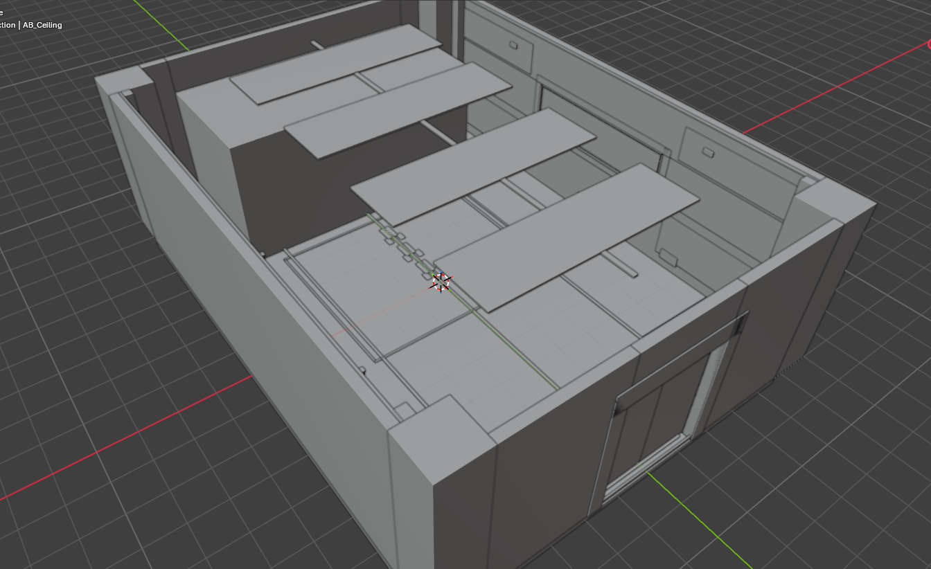 Early 3D blockout of the Moonwood Station Landing Bay, showing a rectangular sci-fi room with ceiling structures, wall panels, and a spacious landing area.