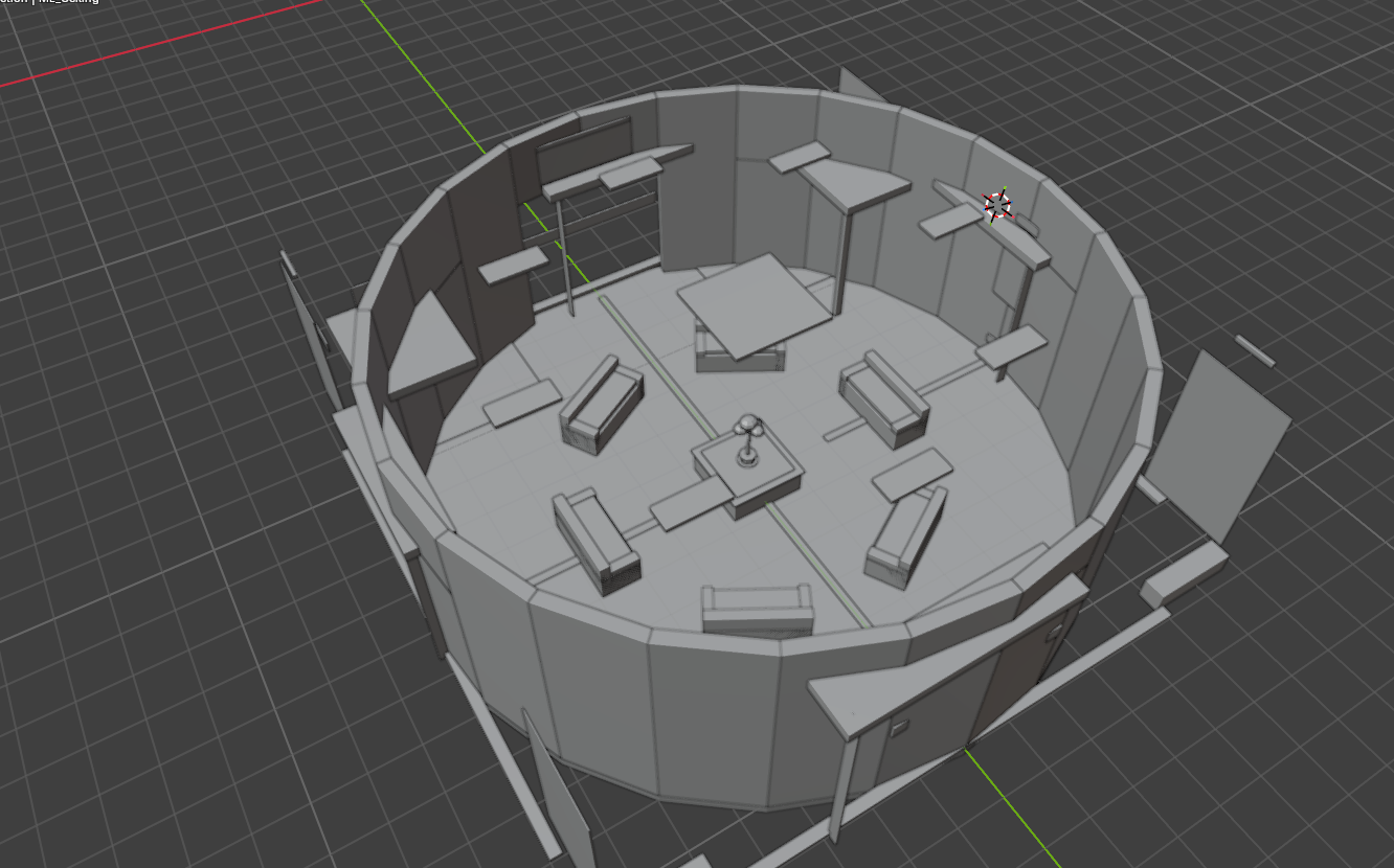 Early 3D blockout of the Moonwood Station Main Lounge, showing a circular room with couches, tables, shelves, and lounge seating.